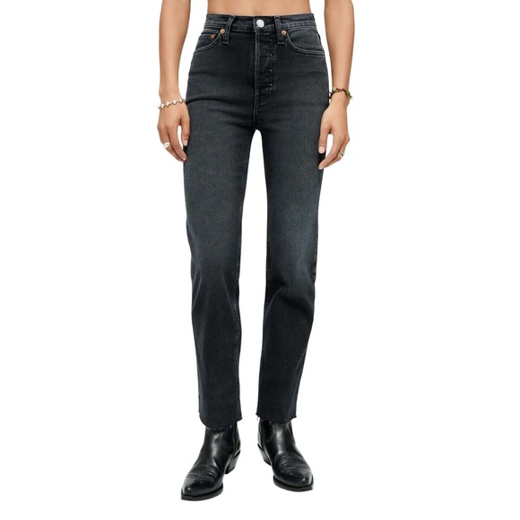Re/Done Denim - RE/DONE Comfort Stretch High Rise Stove Pipe‎ Jeans Faded Black Raw Hem Size 27